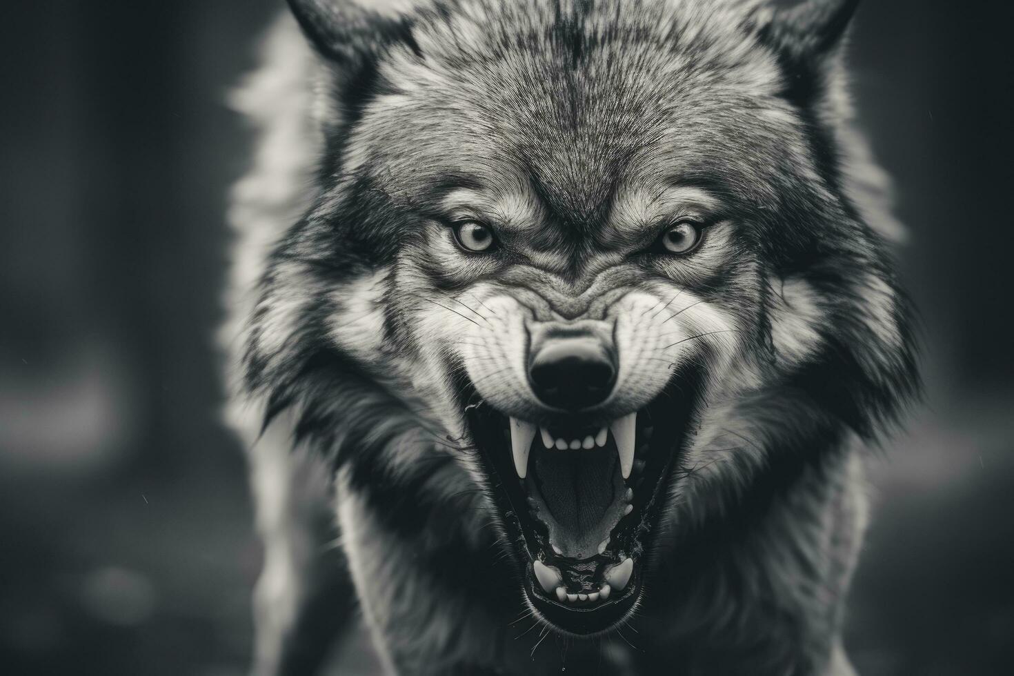 AI generated Greyscale closeup shot of an angry wolf with a blurred background. AI Generated photo