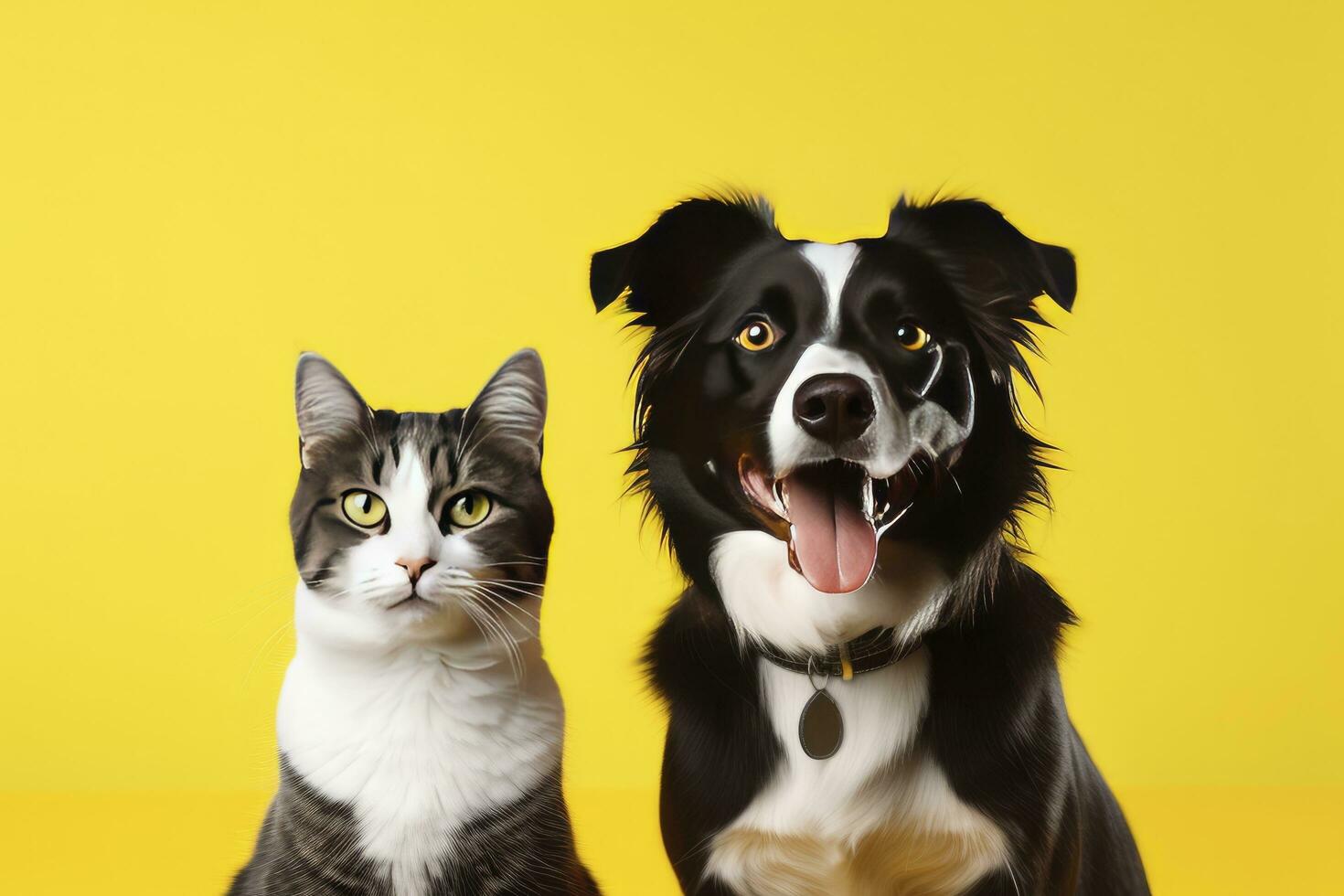 AI generated Cat and dog together with happy expressions. AI Generated photo