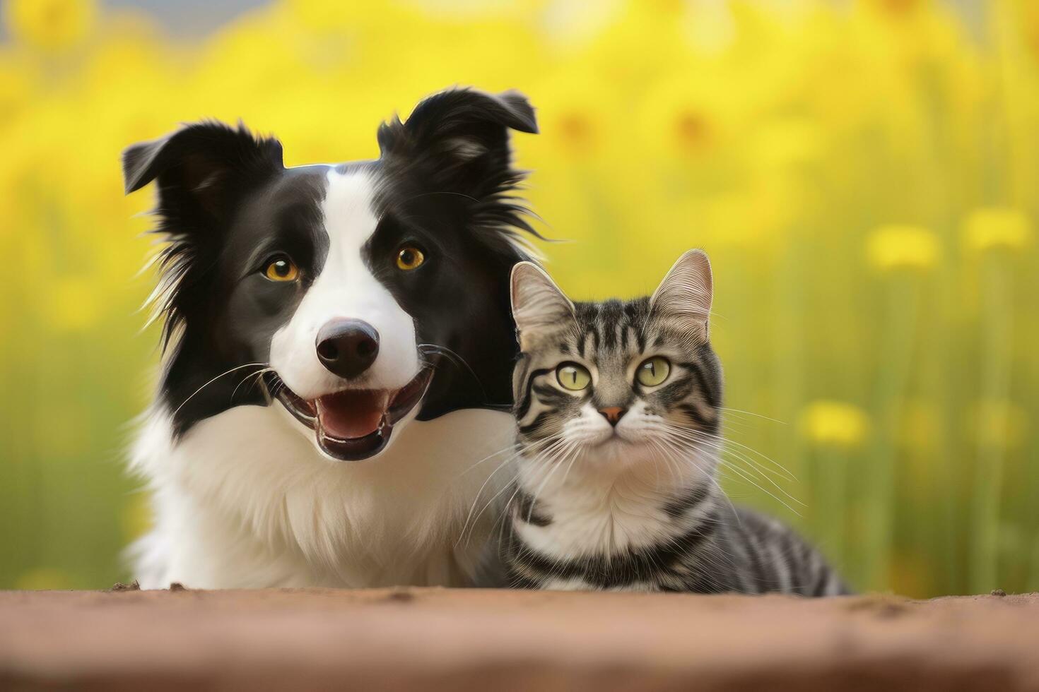 AI generated Cat and dog together with happy expressions. AI Generated photo