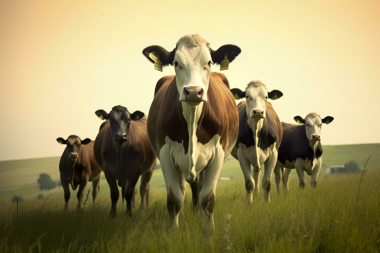 AI generated Group of cows standing in a grassy field. AI Generated photo