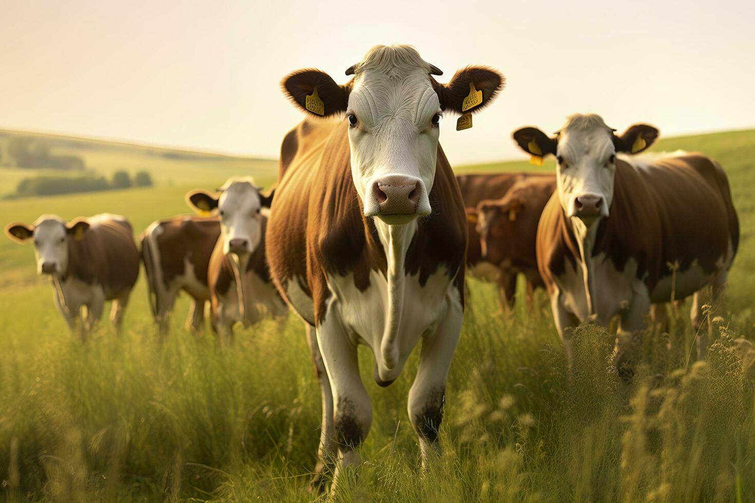 AI generated Group of cows standing in a grassy field. AI Generated photo