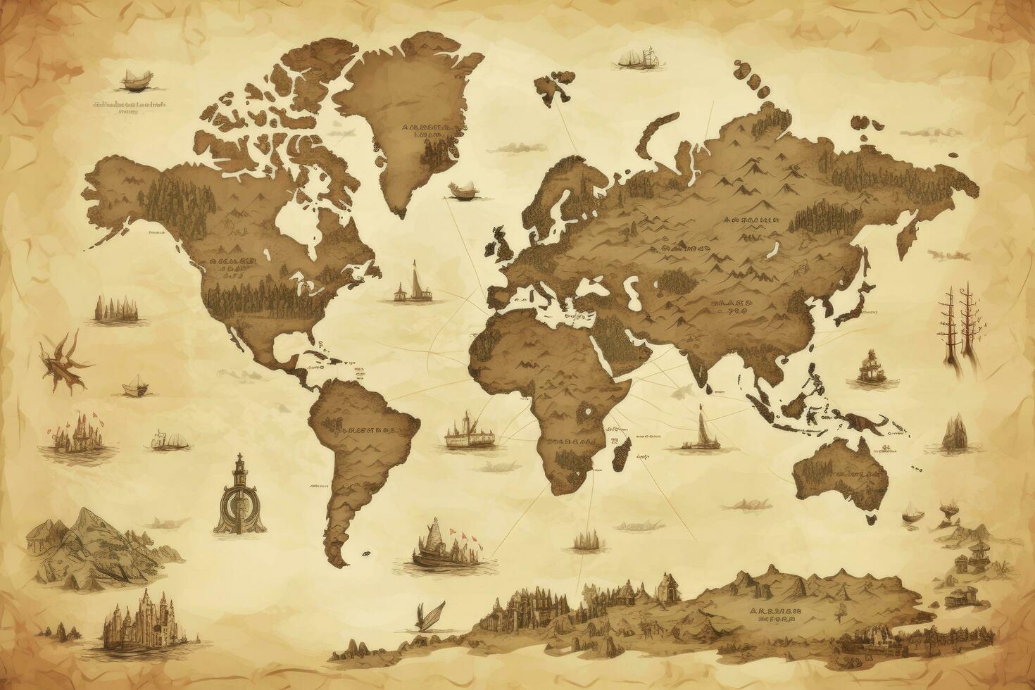 AI generated Great detailed illustration of the world map in vintage style. AI Generated photo