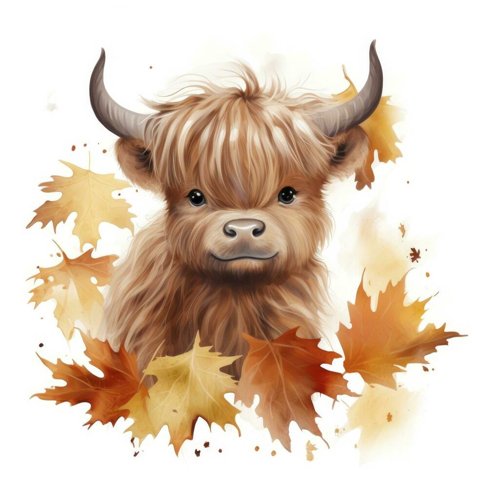 AI generated Happy cute baby highland cow in autumn leaves in the watercolor style. AI Generated photo