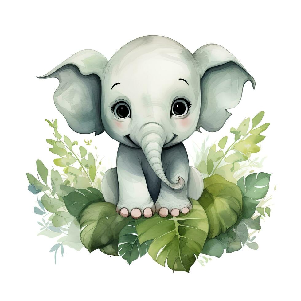 AI generated Happy cute baby elephant in green leaves in the watercolor style. AI Generated photo