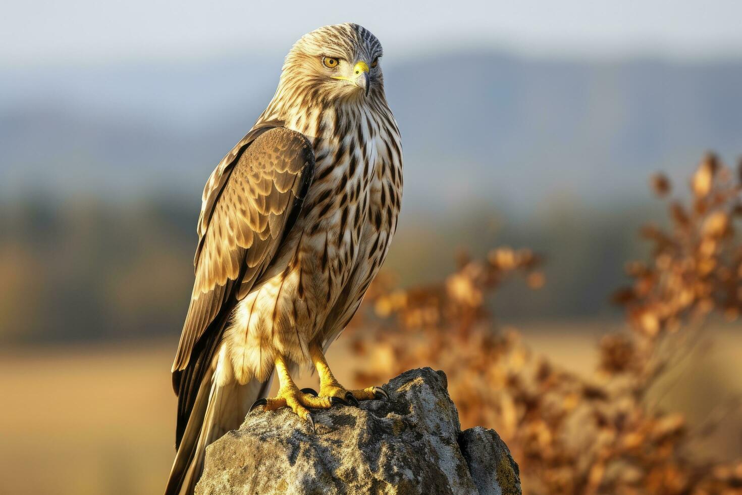 AI generated Hawk sitting on rock looking for prey. AI Generated photo