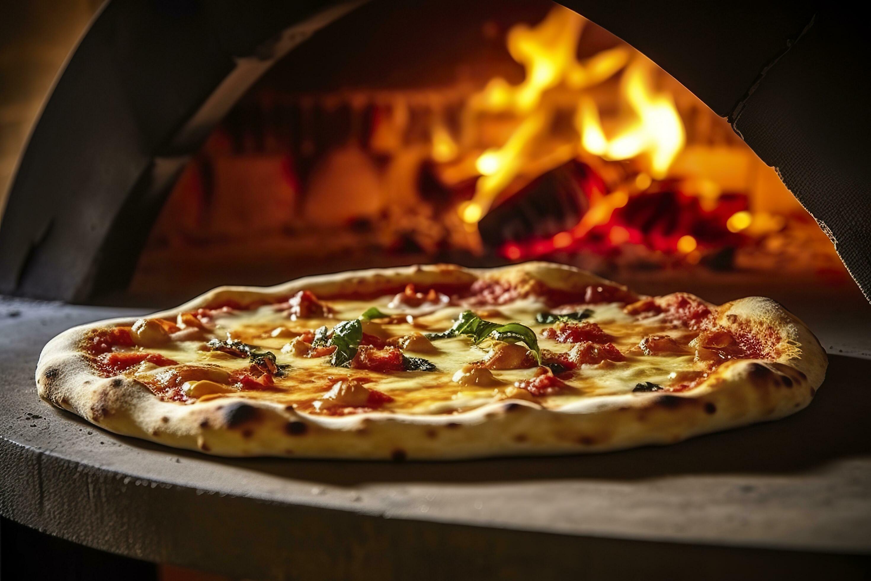 AI generated Freshly baked pizza closeup, traditional wood fired oven ...