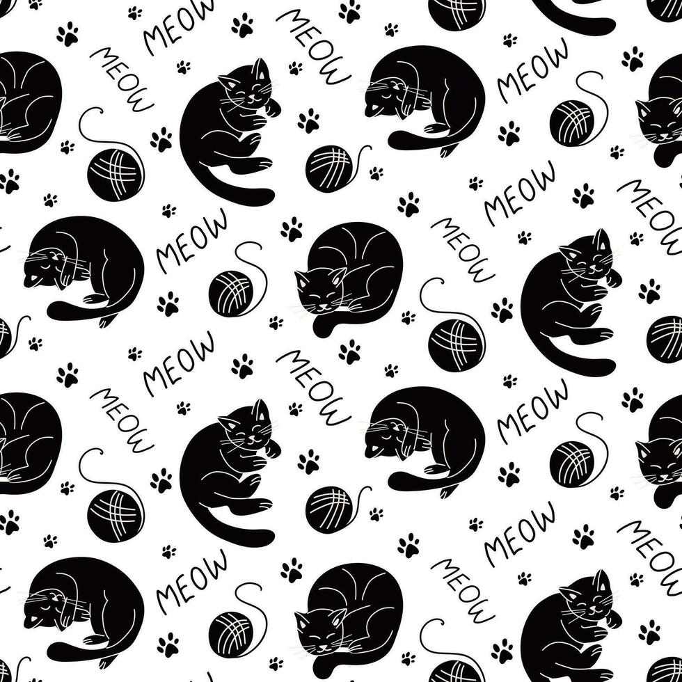 Black and white seamless pattern with lying hand drawn cats. Vector isolated pets in flat cartoon minimalistic style. Trendy kids pattern design on white background. Ideal for textile, wrapping paper