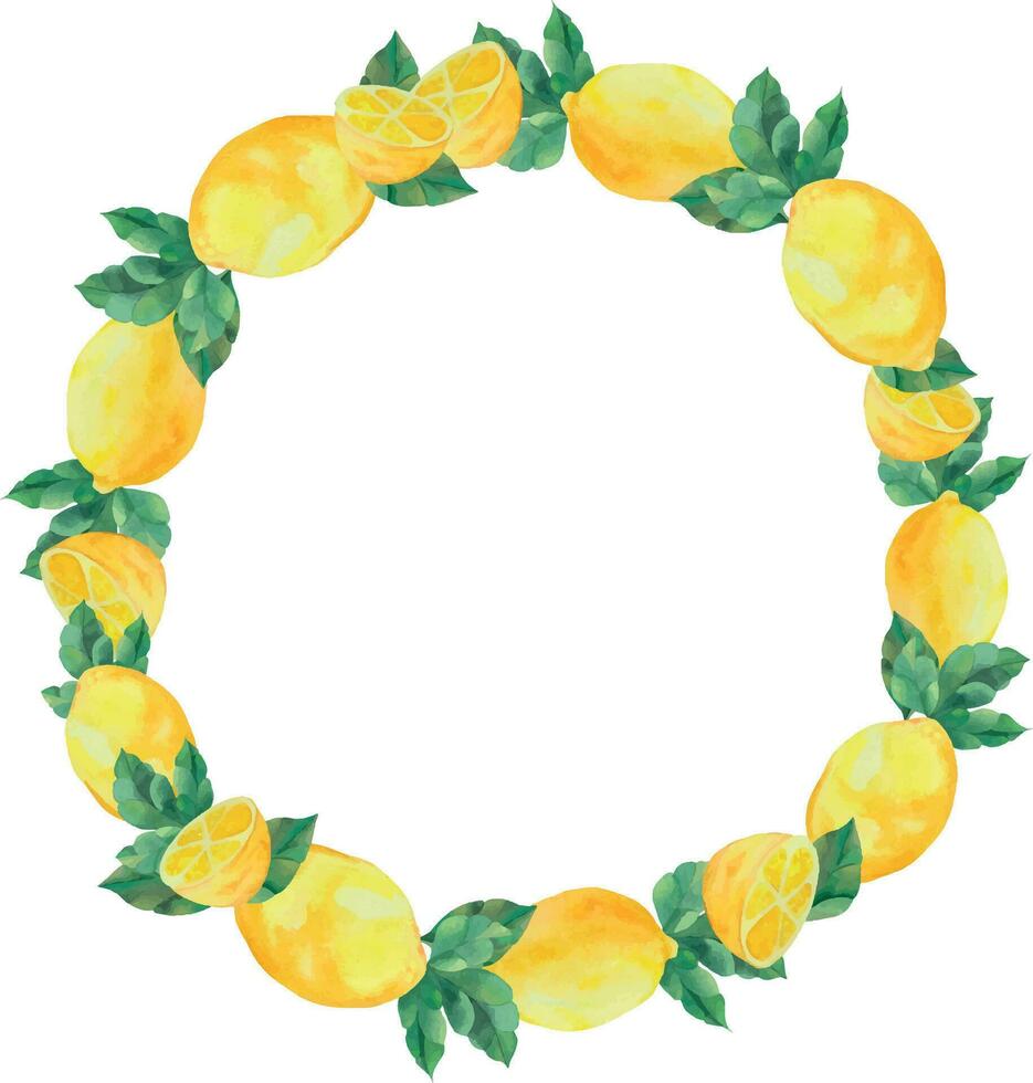 Round watercolor frame with lemons. Summer lemons watercolor, wreath for text. The template for the postcard is watercolor. vector