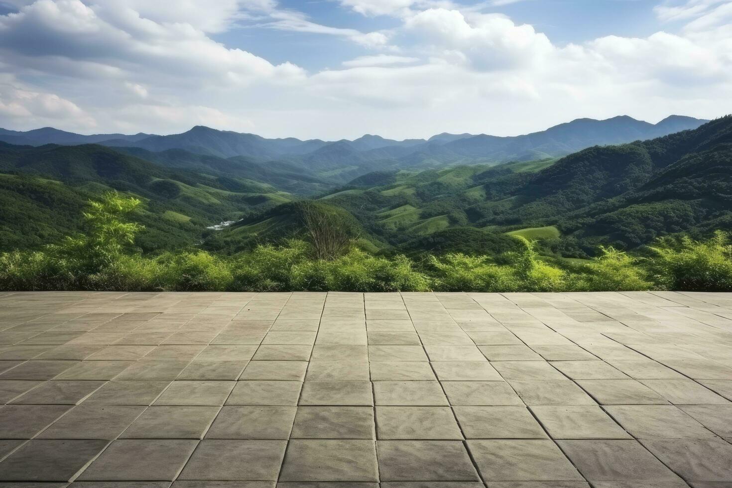 AI generated Square floor and green mountain nature landscape. AI Generated. photo