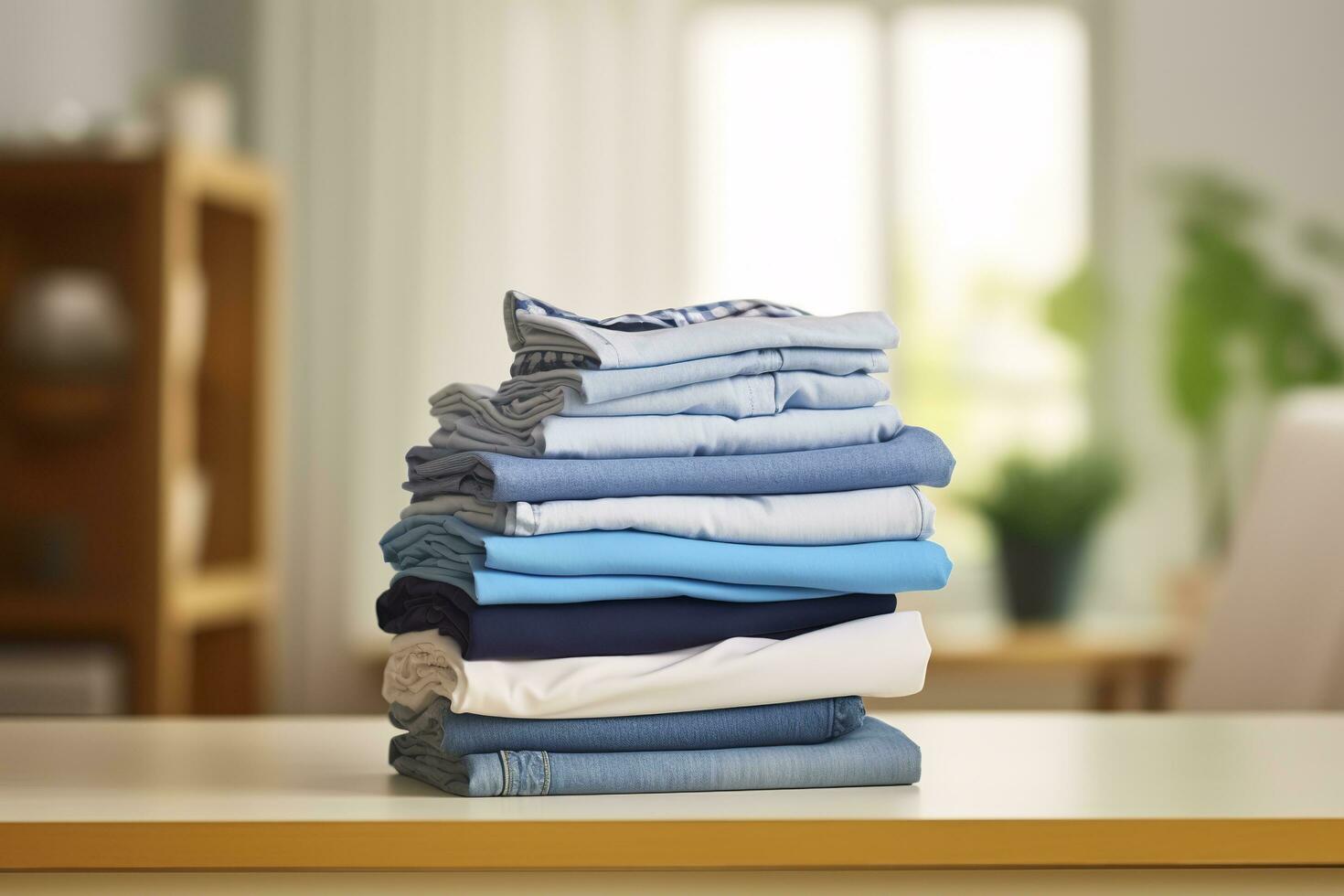 AI generated Stack of clean clothes on table in room. Generative AI photo