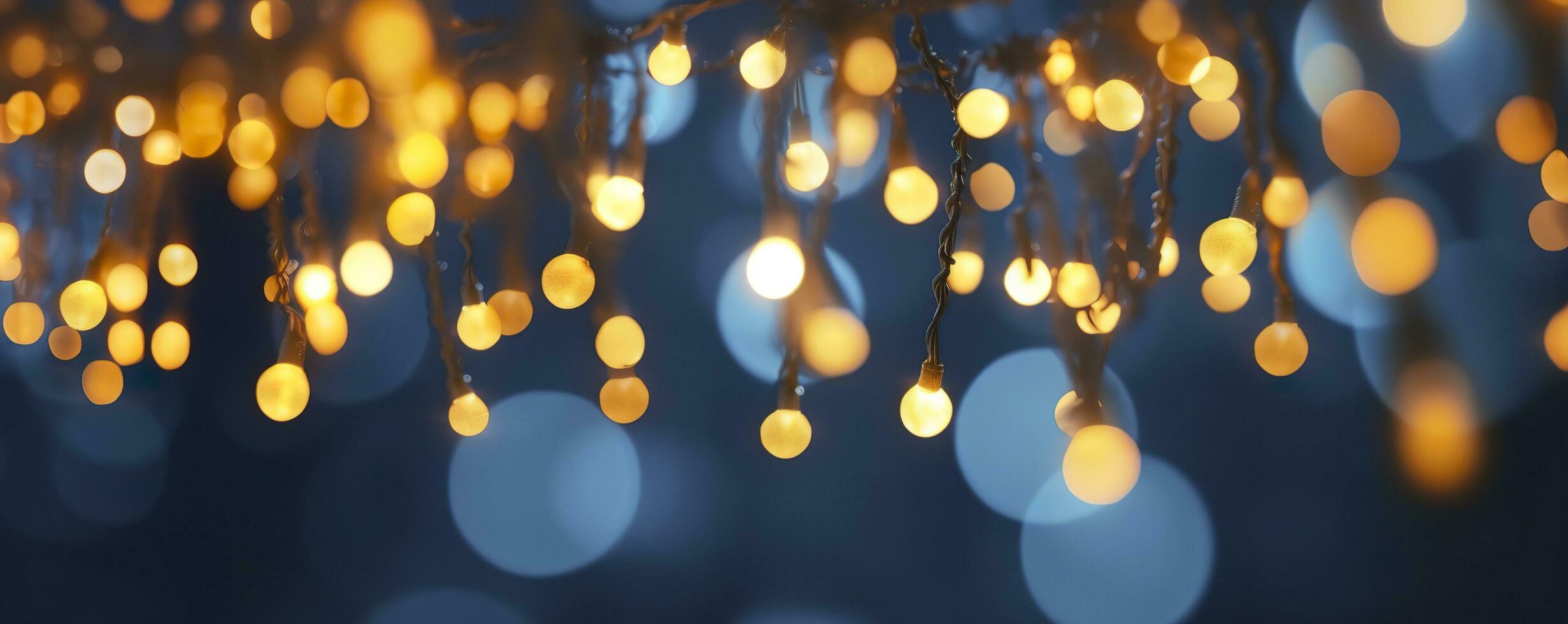 AI generated holiday illumination and decoration concept, Christmas garland bokeh lights over dark blue background. AI Generated photo