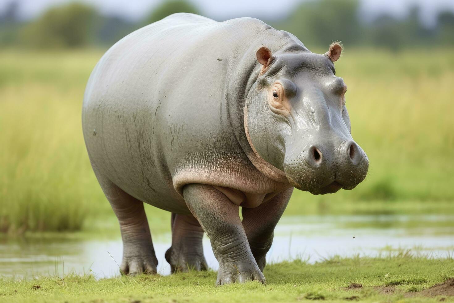 AI generated Hippopotamus Walking in a green field. AI Generated photo