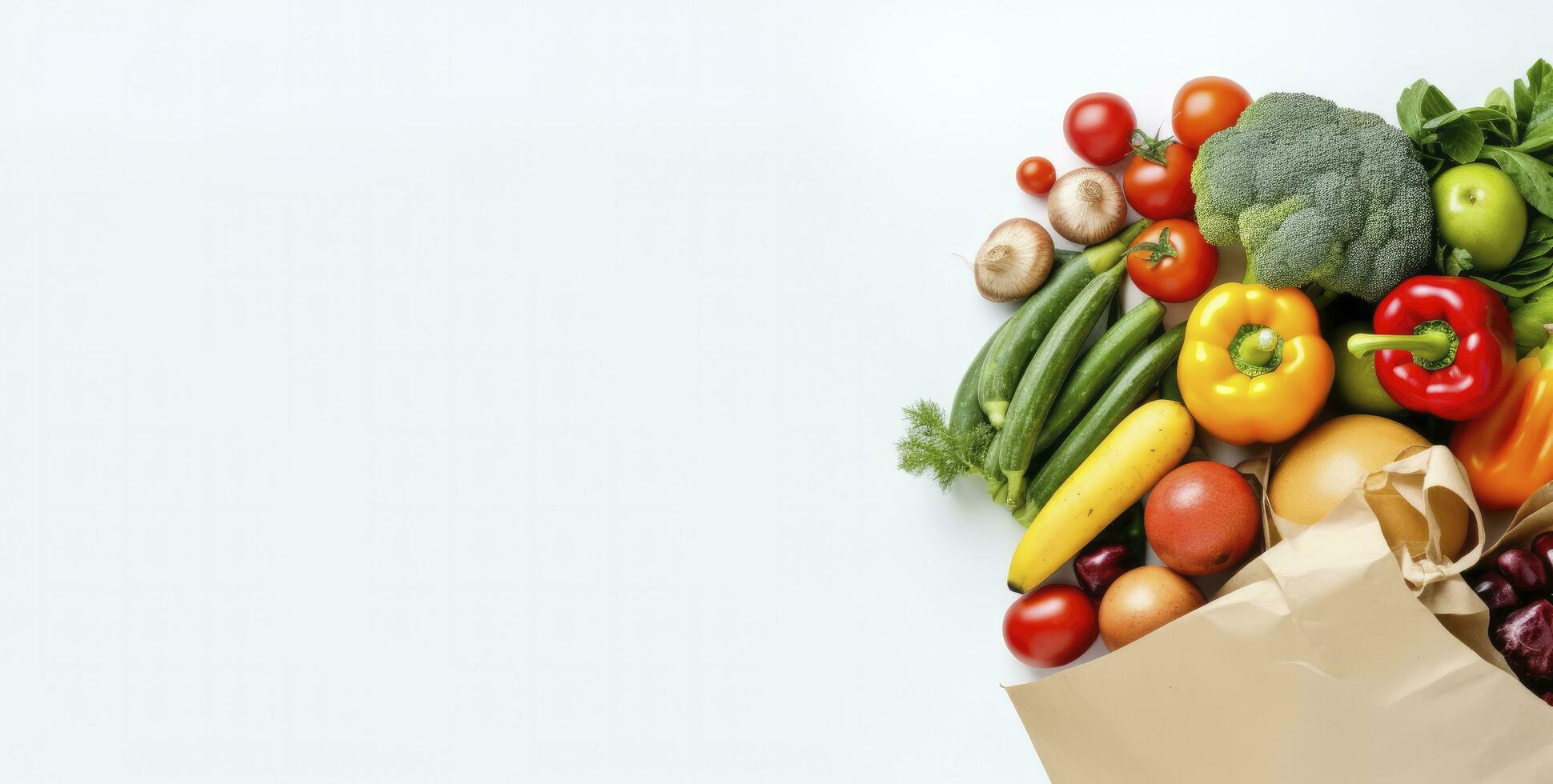 AI generated Healthy food in paper bag vegetables and fruits on white background. AI Generated photo