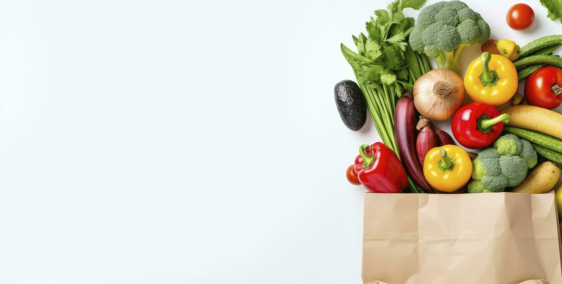 AI generated Healthy food in paper bag vegetables and fruits on white background. AI Generated photo