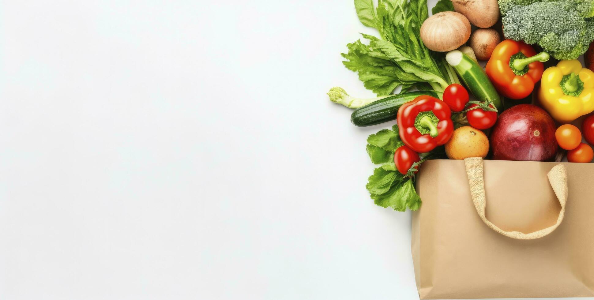 AI generated Healthy food in paper bag vegetables and fruits on white background. AI Generated photo