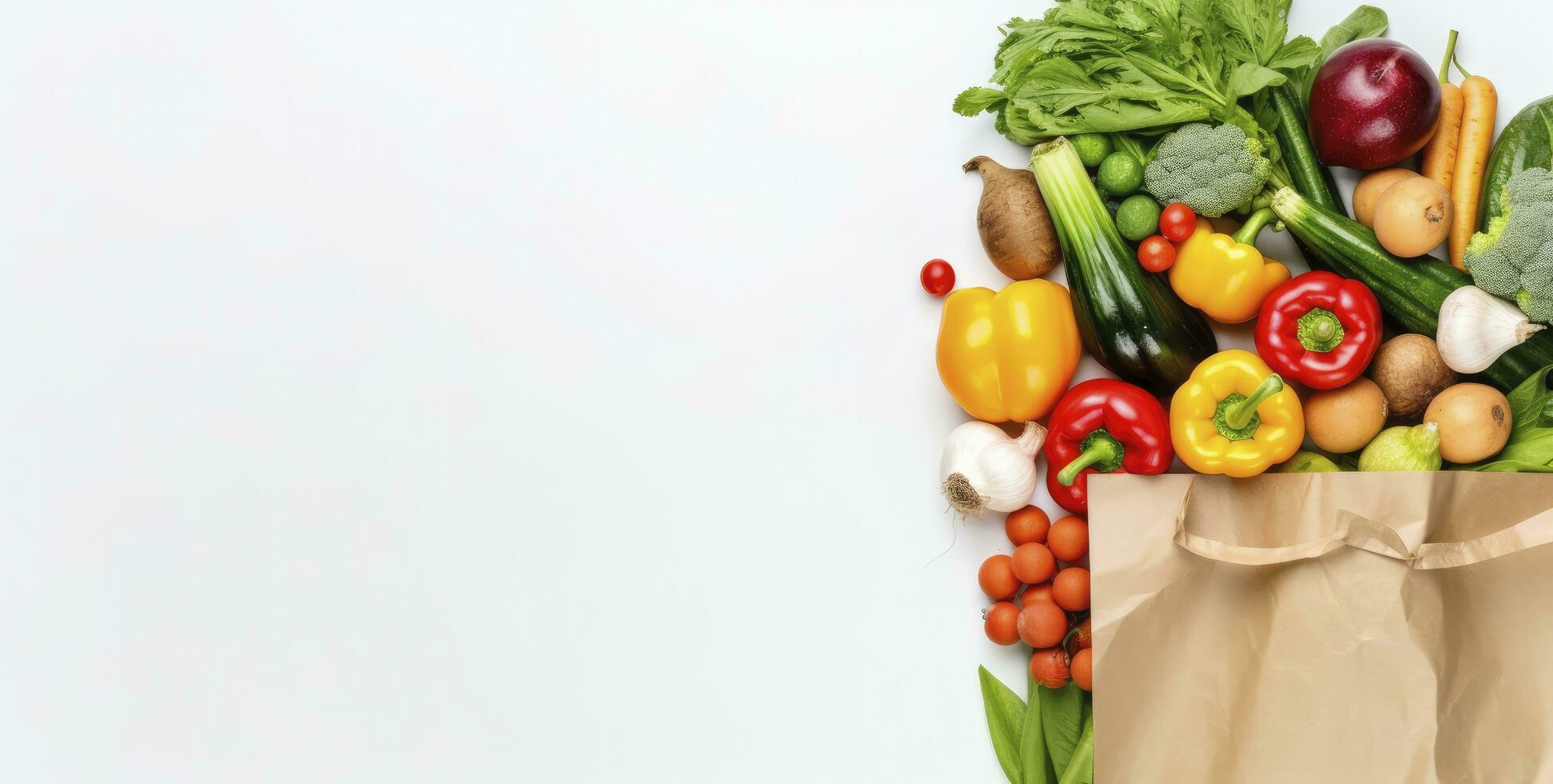 AI generated Healthy food in paper bag vegetables and fruits on white background. AI Generated photo