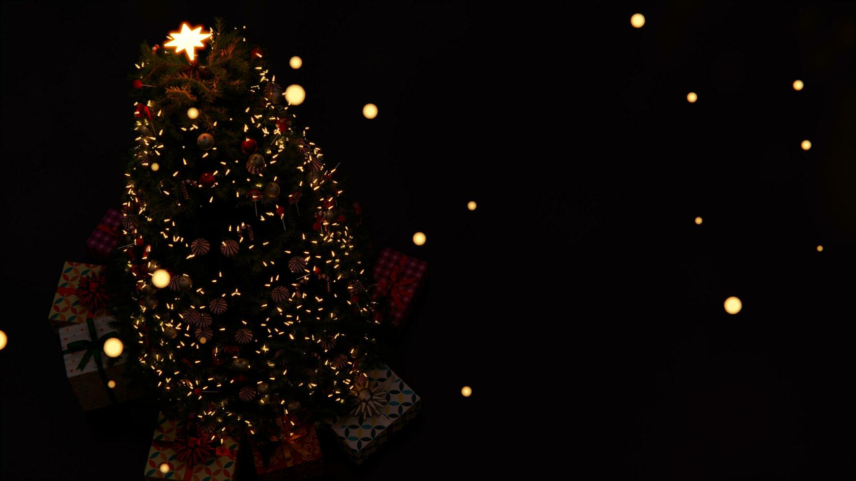3d obra de arte ,Navidad árbol decoración con luz, vaso pelota y rojo adornos en antecedentes bokeh de lado parpadeando ligero bombillas guirnaldas para familia invierno día festivo. 8k resolución foto
