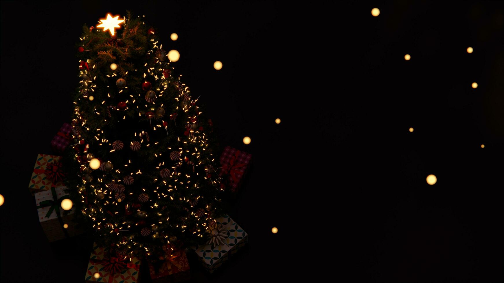 3d artwork ,christmas tree decoration with light, glass ball and red ornaments on background bokeh of side flickering light bulbs garlands for family winter holiday. 8k resolution photo