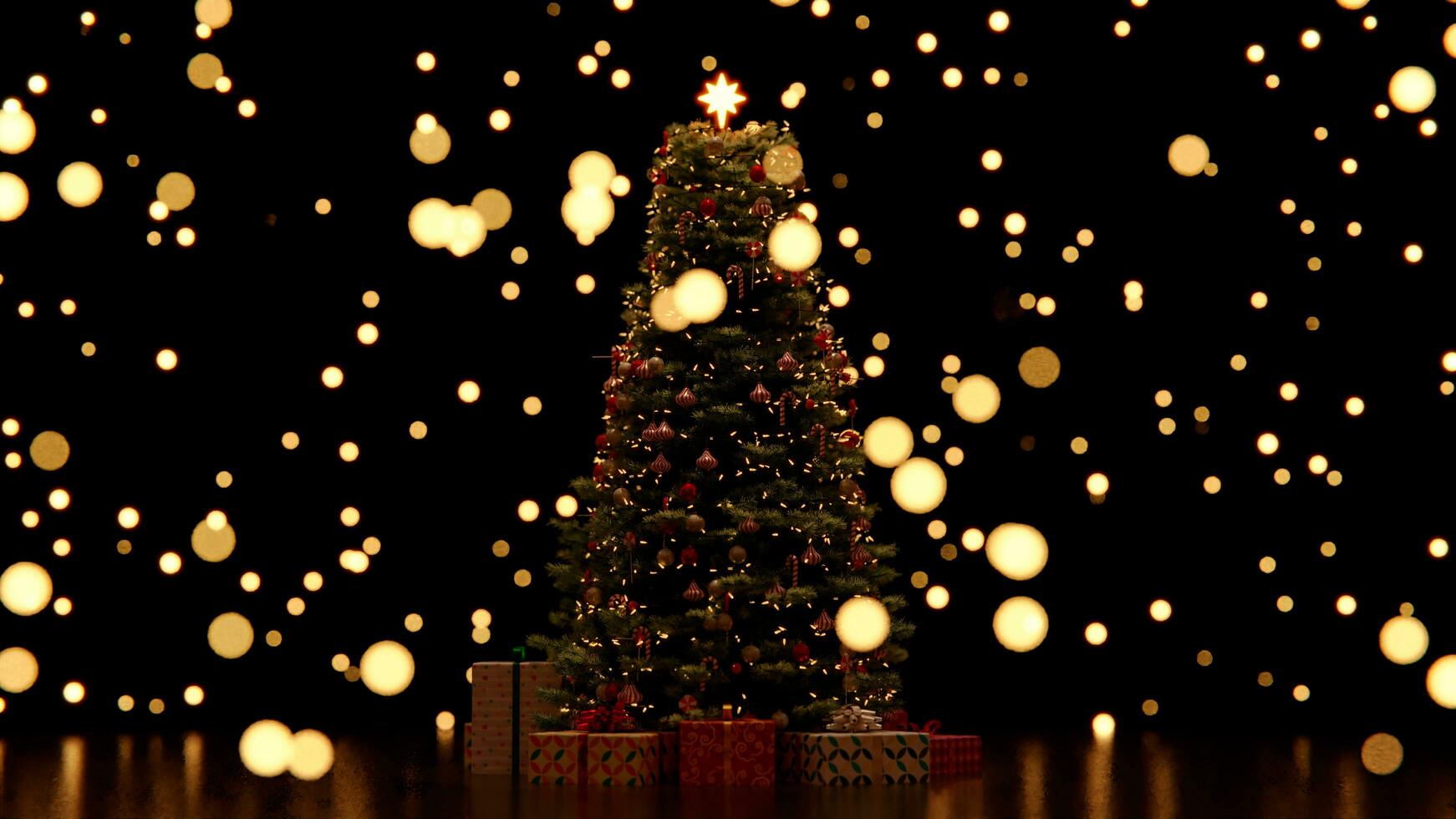 3d obra de arte ,Navidad árbol decoración con luz, vaso pelota y rojo adornos en antecedentes bokeh de lado parpadeando ligero bombillas guirnaldas para familia invierno día festivo. 8k resolución foto