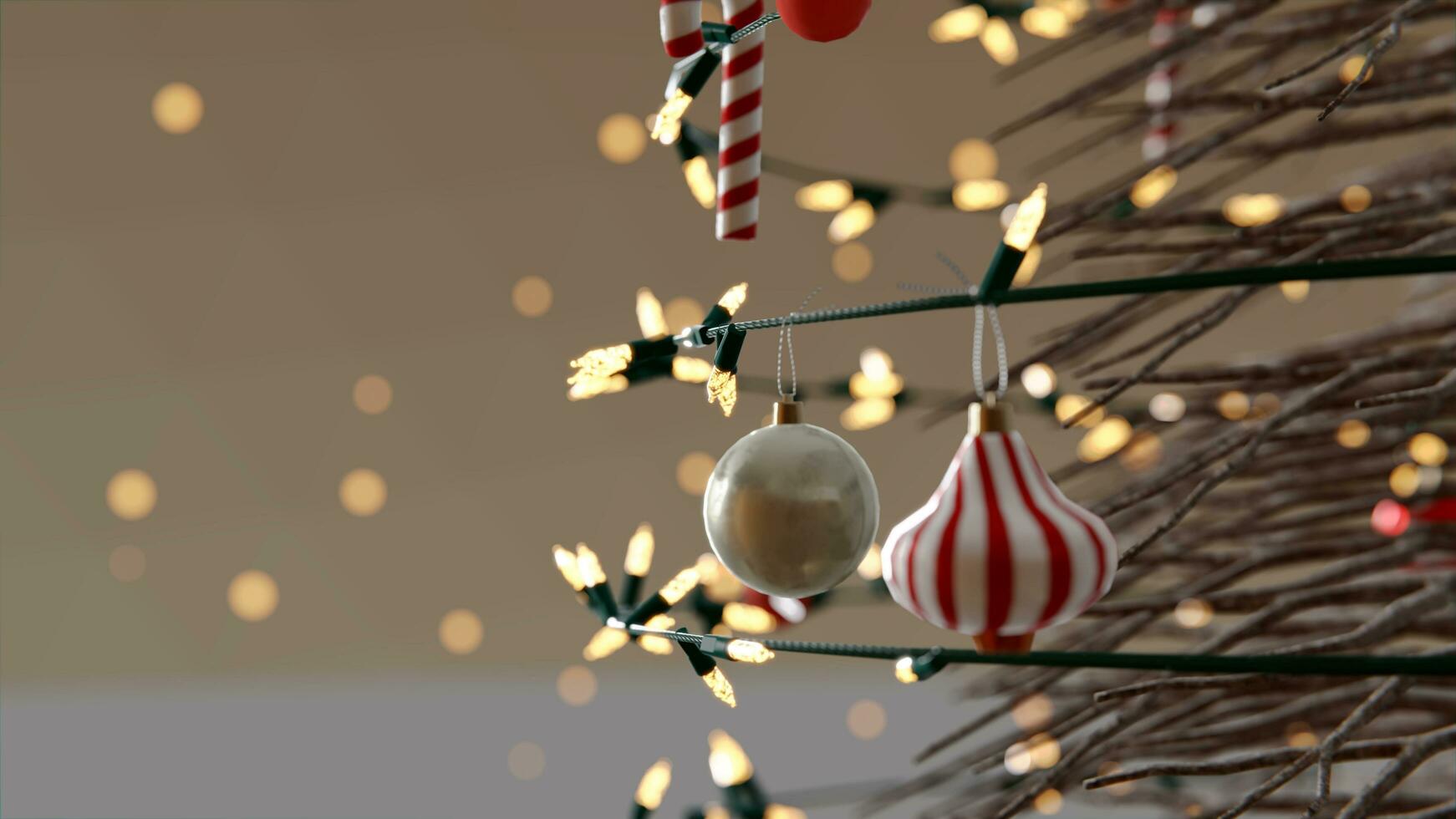 3d artwork ,christmas tree decoration with light, glass ball and red ornaments on background bokeh of side flickering light bulbs garlands for family winter holiday. 8k resolution photo