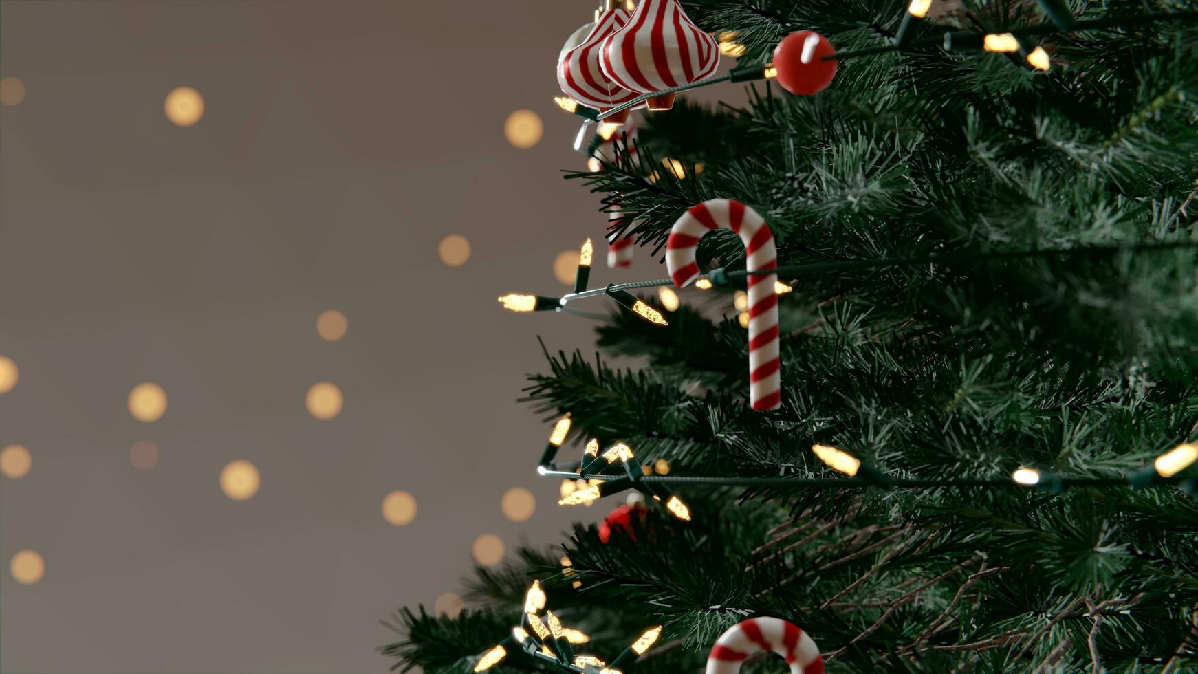 3d artwork ,christmas tree decoration with light, glass ball and red ornaments on background bokeh of side flickering light bulbs garlands for family winter holiday. 8k resolution photo