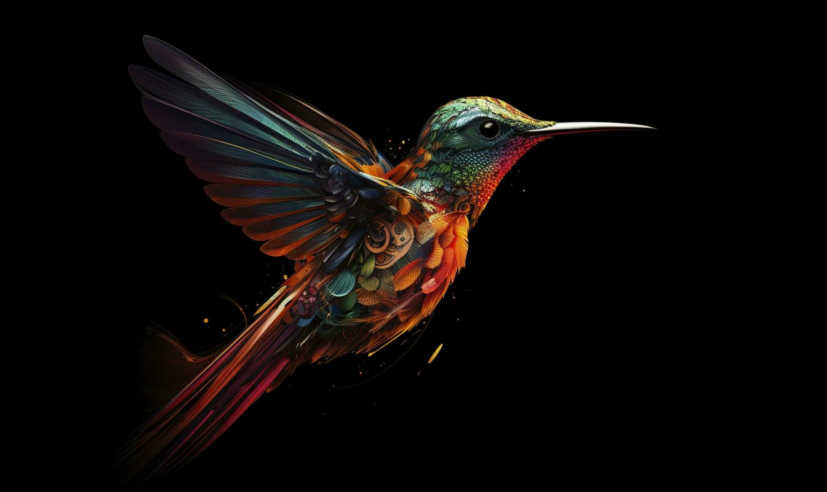 AI generated hummingbird logo with multiple colors flying through the air.  AI Generated photo