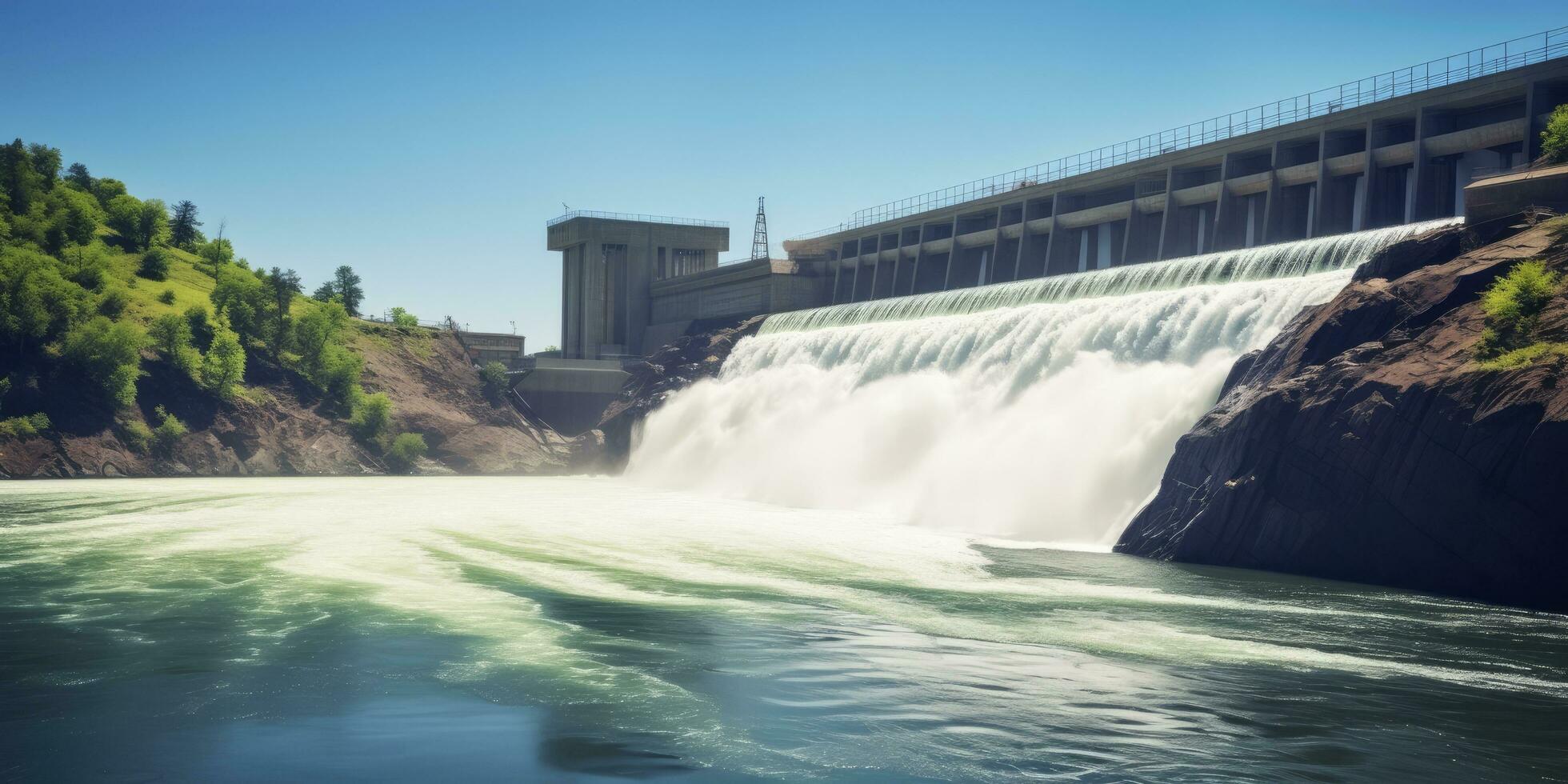 AI generated Hydroelectric dam generating green energy from flowing water.   AI Generated. photo