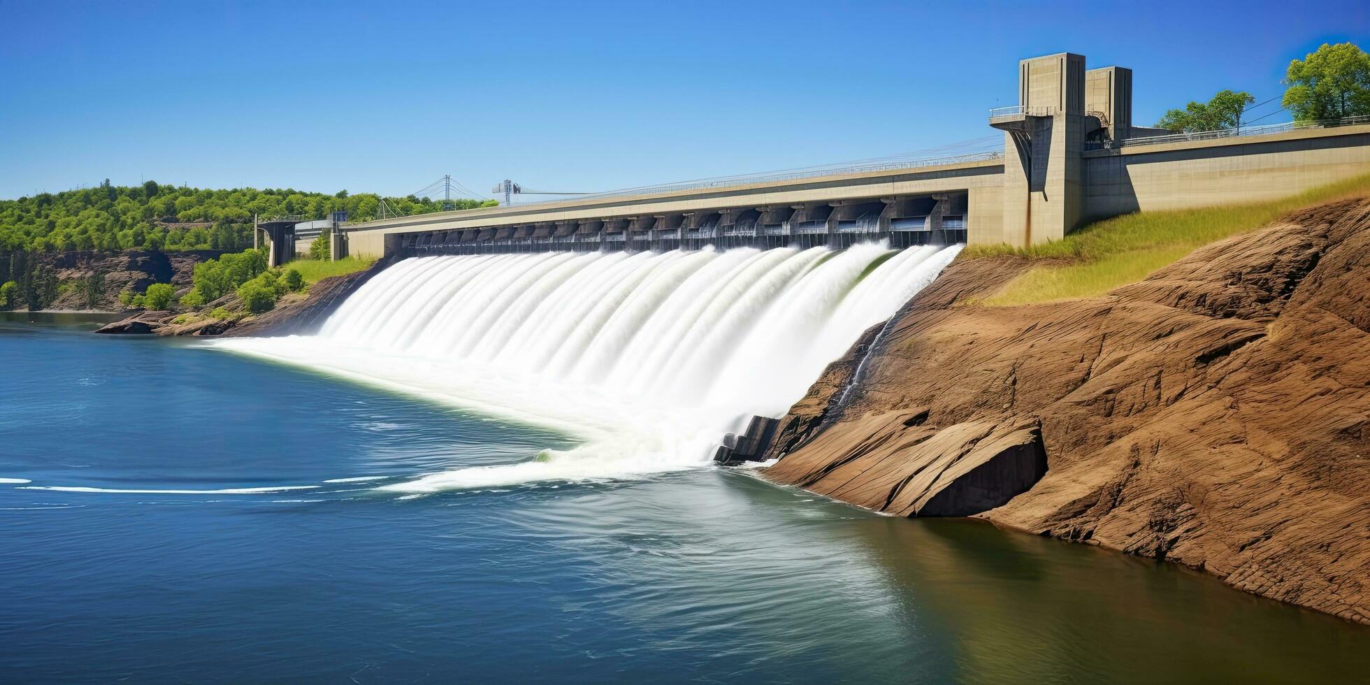 AI generated Hydroelectric dam generating green energy from flowing water.   AI Generated. photo