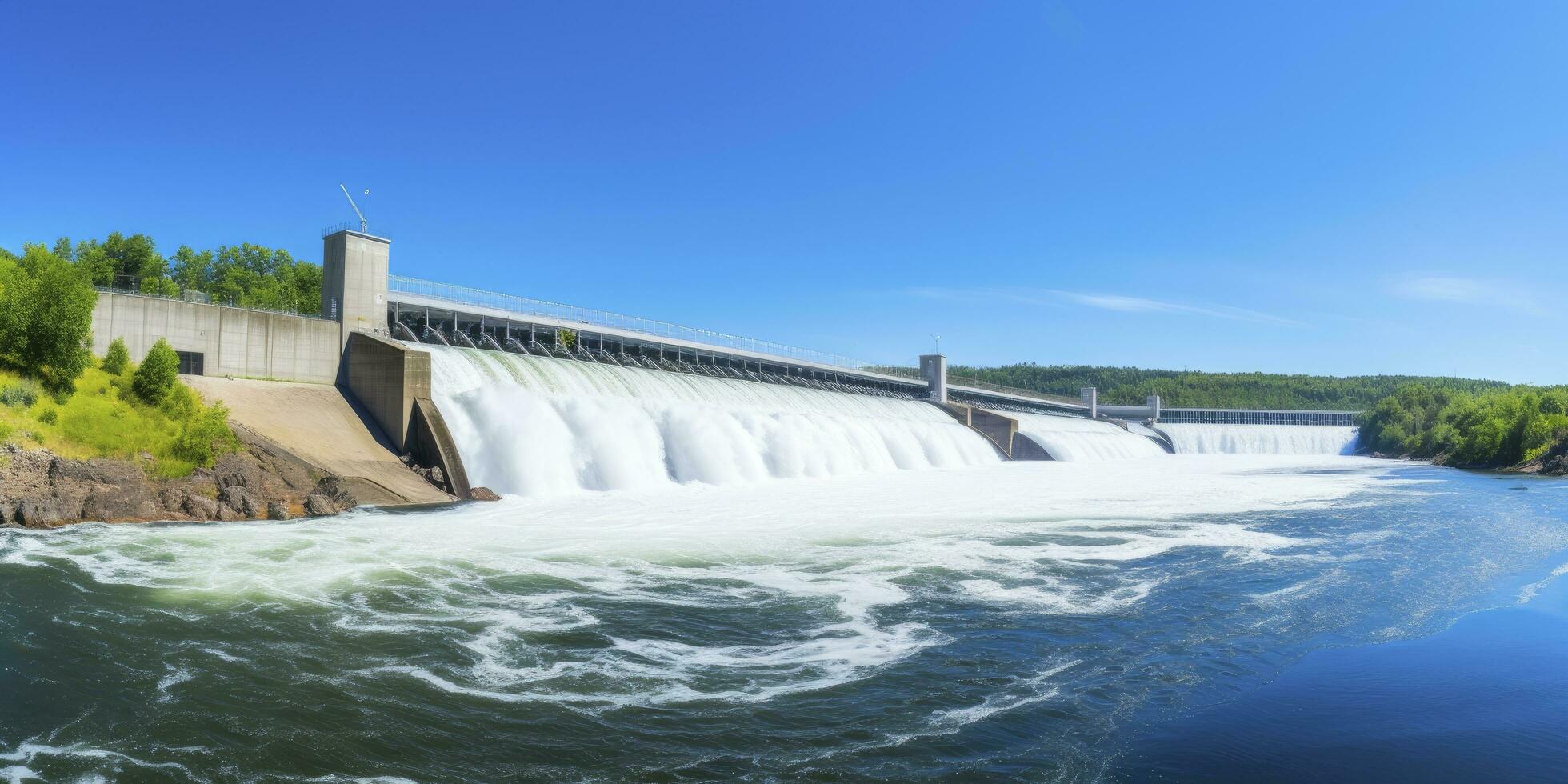 AI generated Hydroelectric dam generating green energy from flowing water.   AI Generated. photo