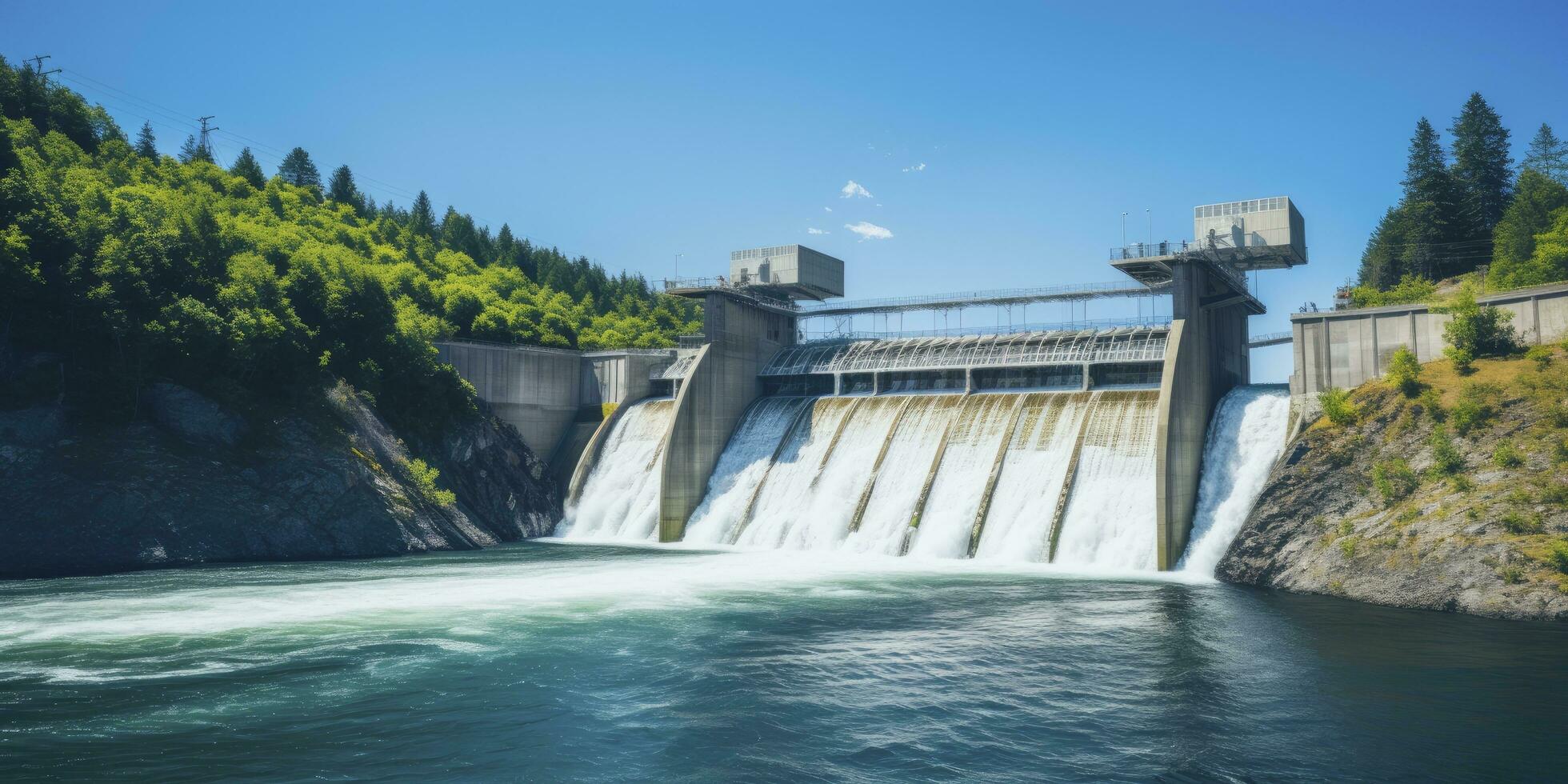 ai generado hidroeléctrico represa generando verde energía desde fluido agua. ai generado. foto