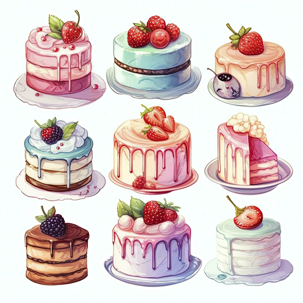 AI generated Set of Cake piece illustration on white background. AI Generated photo