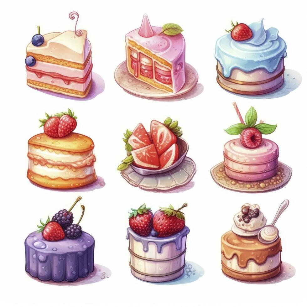 AI generated Set of Cake piece illustration on white background. AI Generated photo
