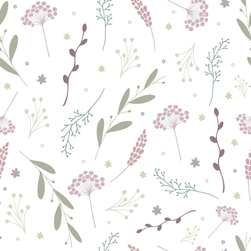 Pastel colored botanical seamless pattern. Flowers, leaves and branches on white background. Vector illustration