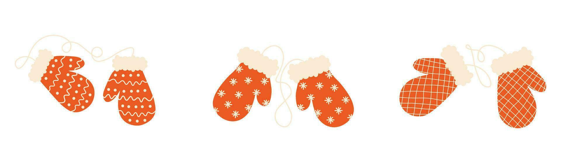 Set of red Christmas mittens with ornament and rope. Traditional winter clothes, knit mittens for cold season vector