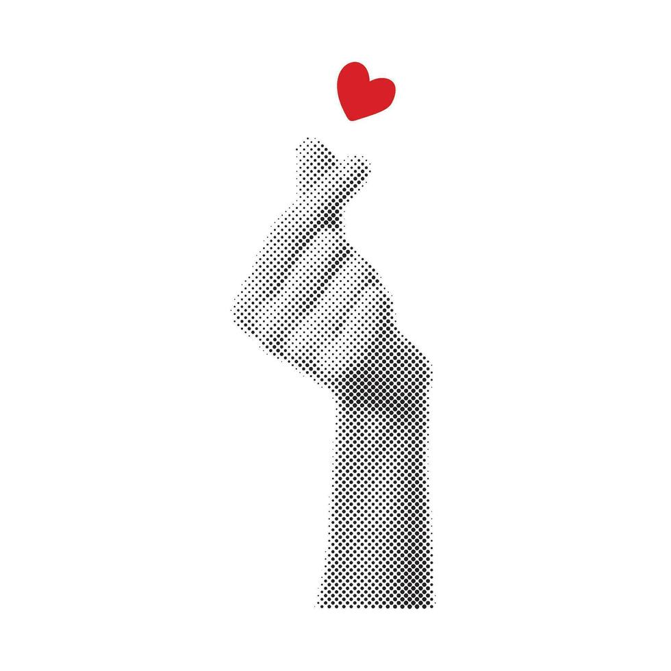 Halftone effect, korean symbol hand with red heart. Message of love hand gesture vector