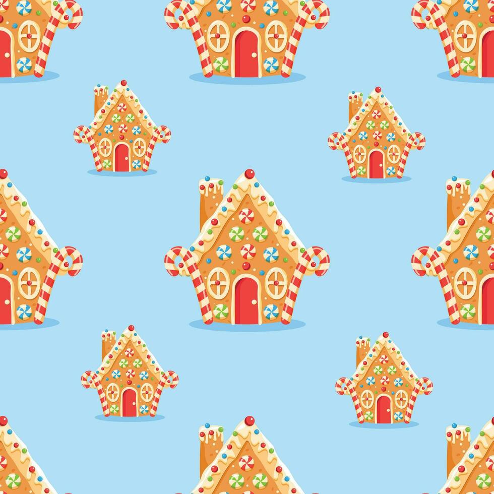 Seamless pattern with gingerbread house shaped gingerbread cookies with decorations. Christmas sweets and treats.Print design for textile, fabric, wrapping paper vector