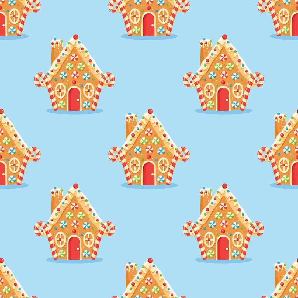 Seamless pattern with gingerbread house shaped gingerbread cookies with decorations. Christmas sweets and treats.Print design for textile, fabric, wrapping paper vector