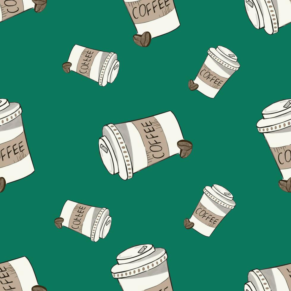 Seamless pattern with takeaway paper coffee cups  on green background. For wrapping paper, wallpaper, textile vector