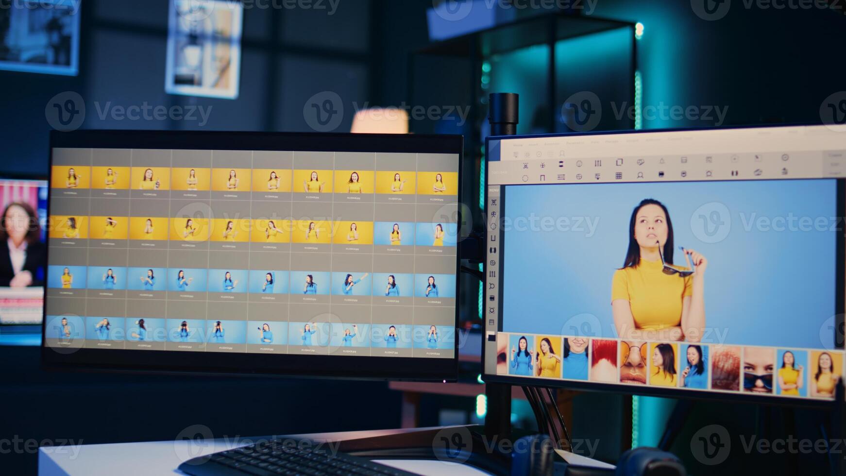 Empty media agency office with multi monitors setup used for post processing image color grading. Editing software interface on desktop PC in specialized graphic design creative studio photo