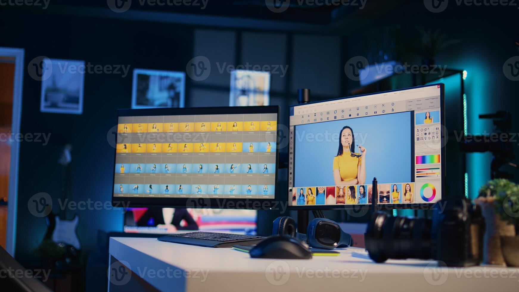 Empty media agency office with multi monitors setup used for post processing retouching of images. Editing software interface on computer screens in professional graphic design creative studio photo