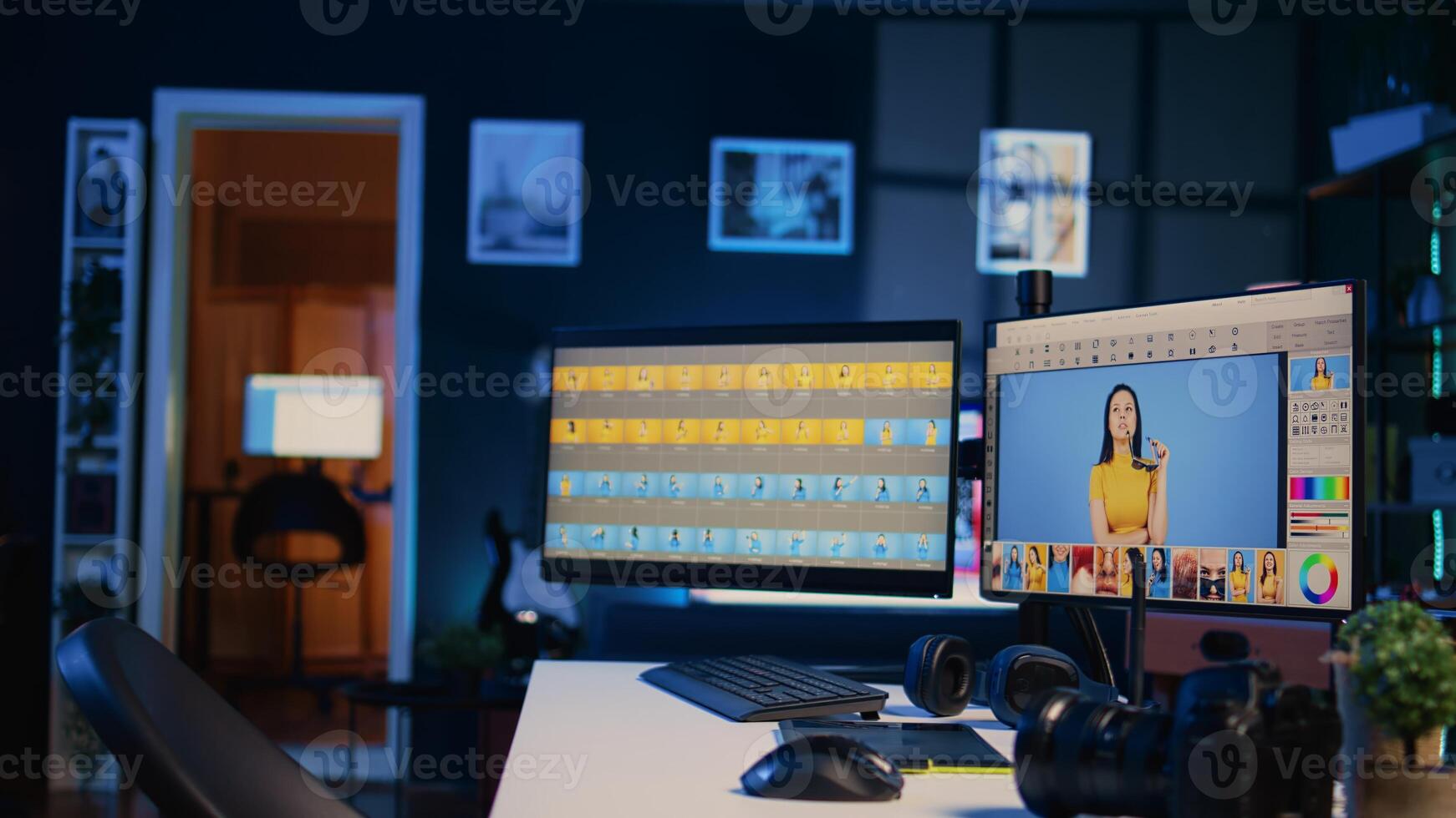 Creative office desk with multi monitor computer setup used for image retouching, zoom in shot. Empty blue neon lit specialized post processing studio with editing software interface on PC screens photo