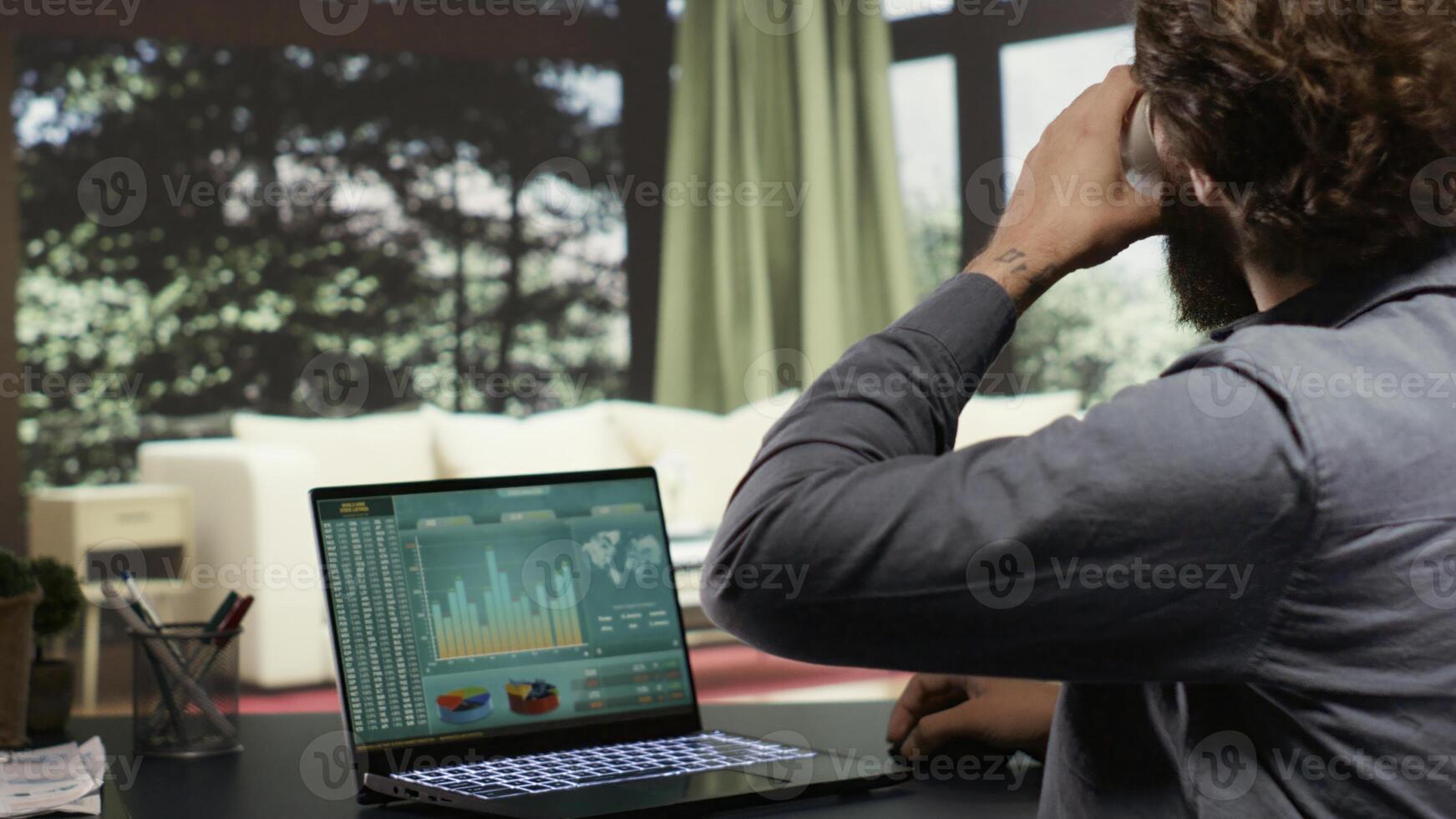 Wealthy shareholder connects on laptop to support his staff from his high end alpine retreat. Business owner examines worldwide profit statistics for banking administration at deluxe lodging. photo