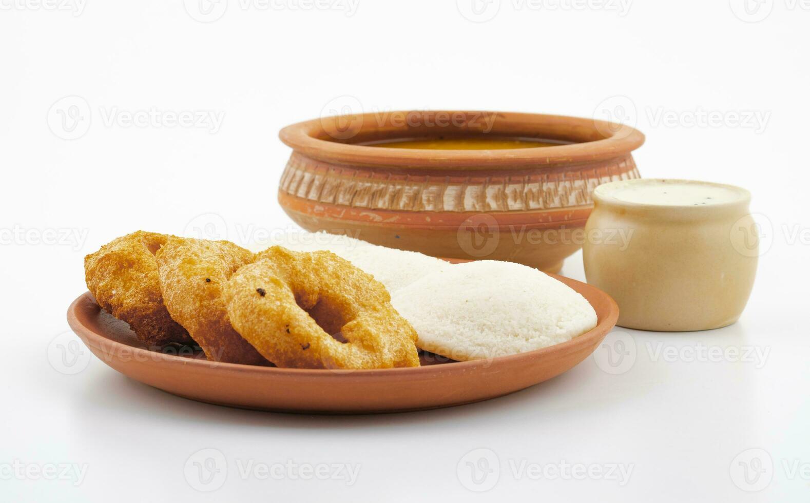 South Indian Popular Breakfast Idli Vada Served With Sambar And Coconut Chutney photo