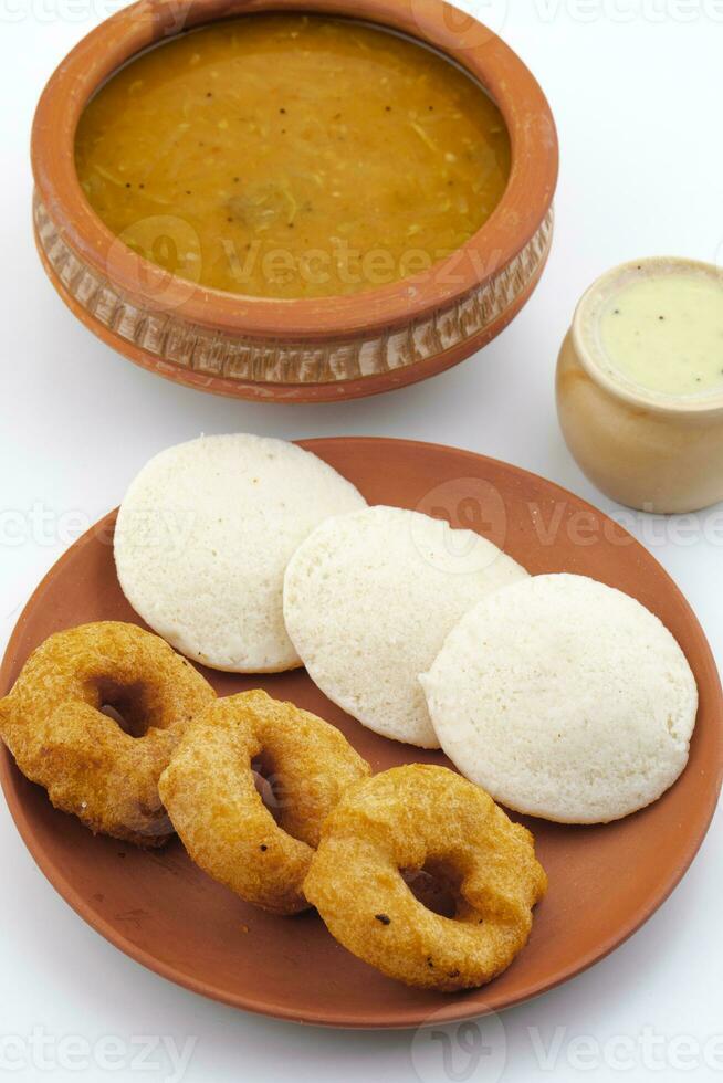 South Indian Popular Breakfast Idli Vada Served With Sambar And Coconut Chutney photo