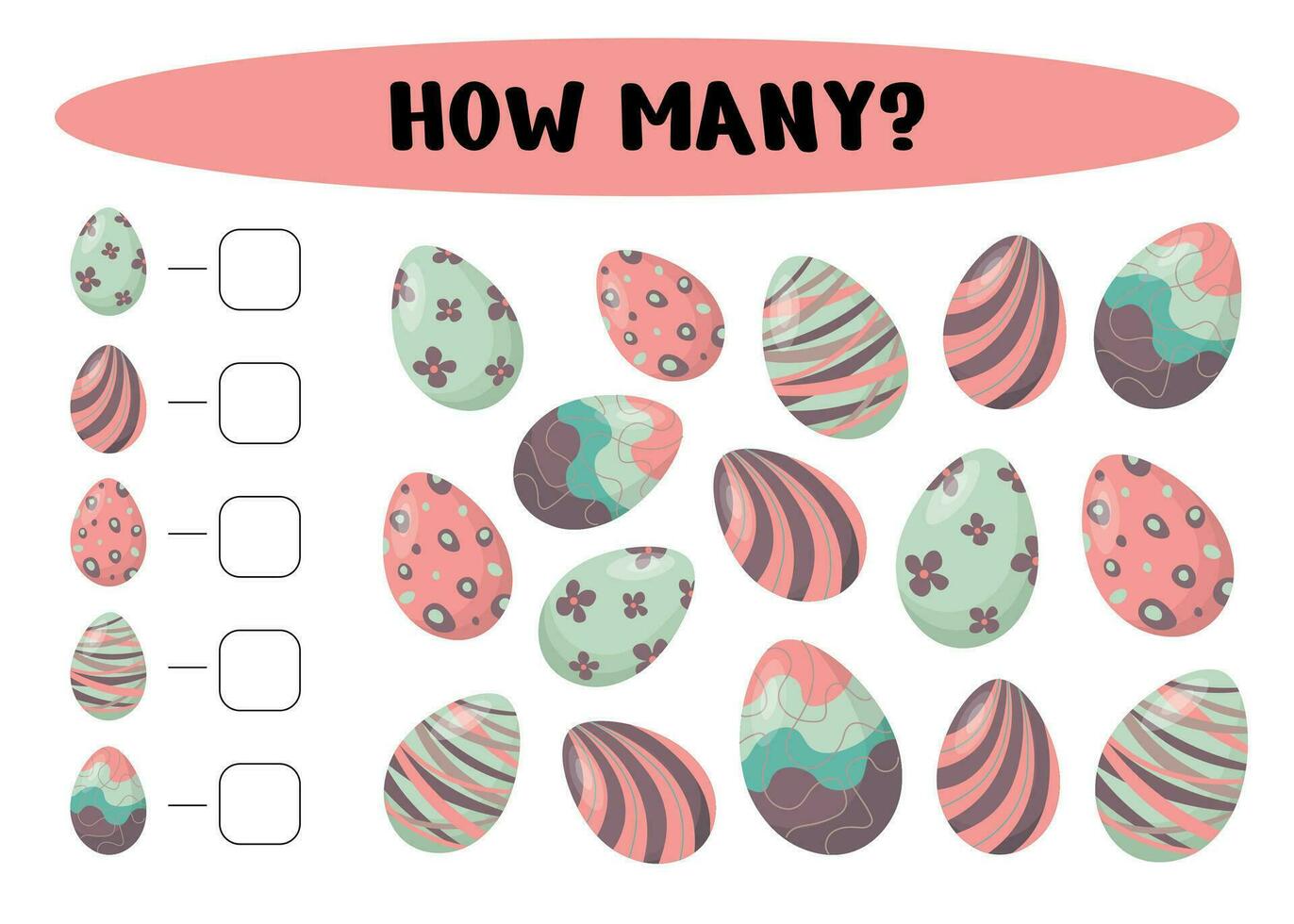 How many easter eggs.Educational mathematical game. Count the number of easter eggs. Counting game for children. Vector illustration
