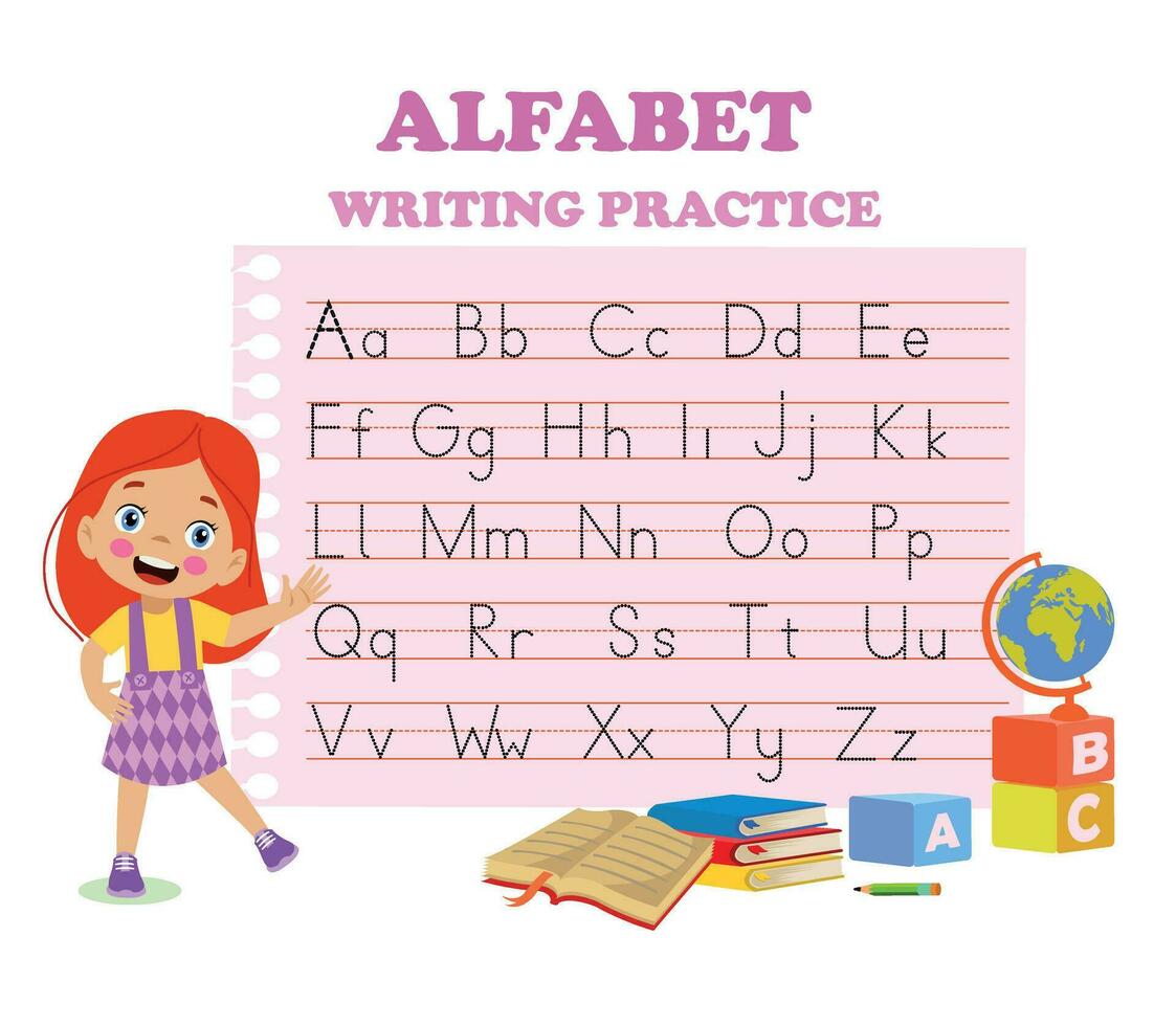 Alphabet letters tracing worksheet with all alphabet letters. Basic writing practice for kindergarten kids vector