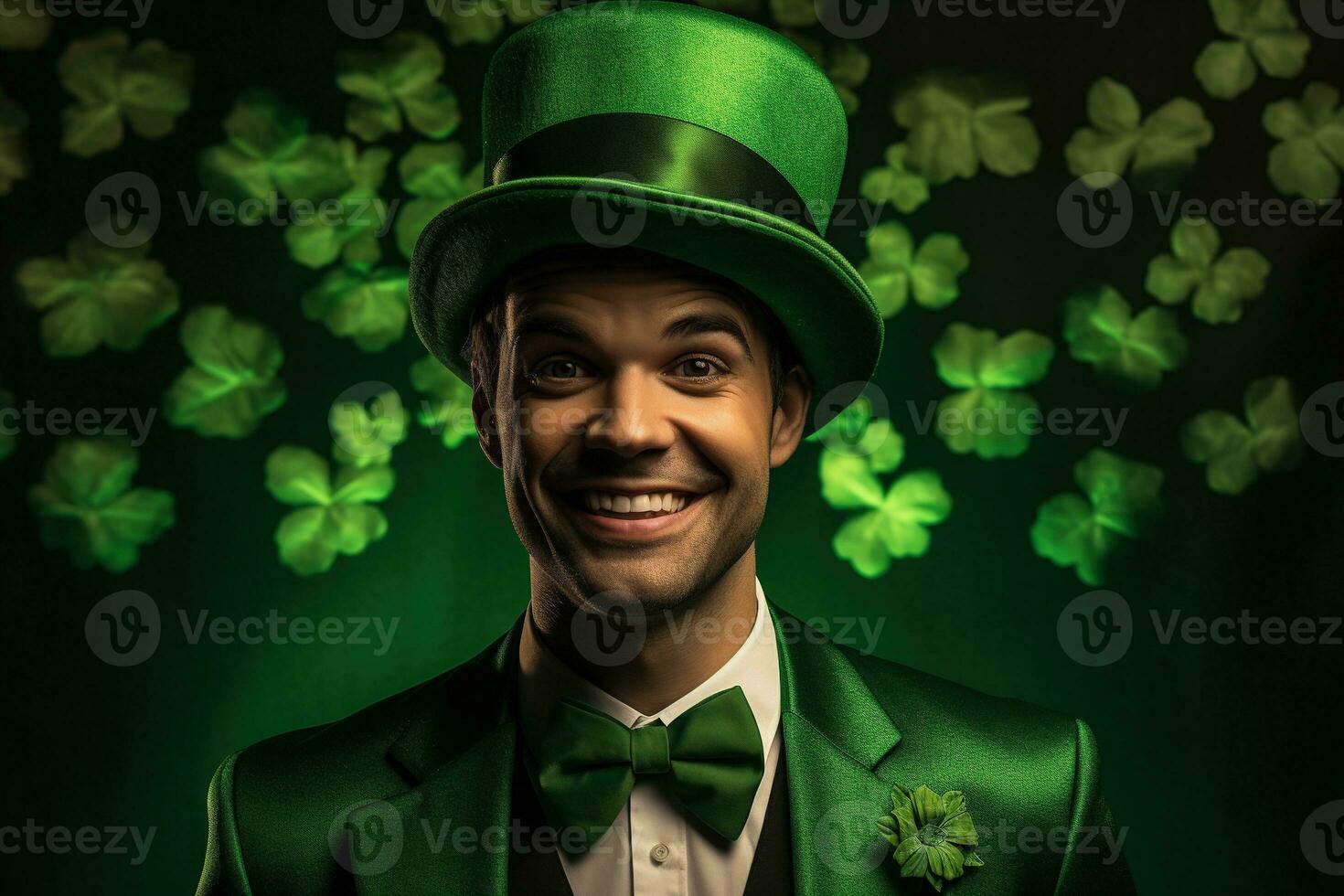 AI generated Portrait of a happy leprechaun with clover leaves. St. Patrick's Day. photo