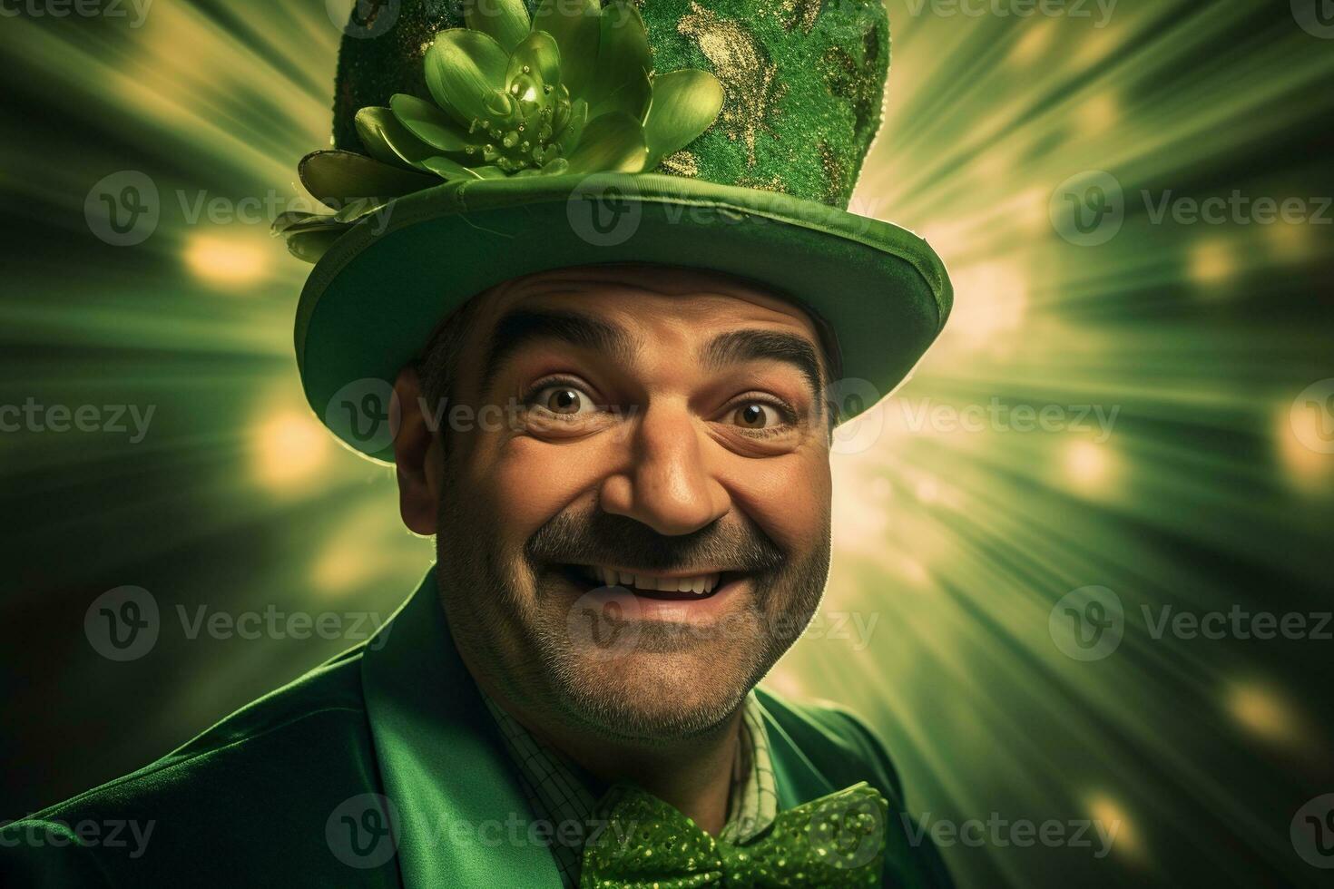 AI generated Portrait of a happy leprechaun with clover leaves. St. Patrick's Day. photo