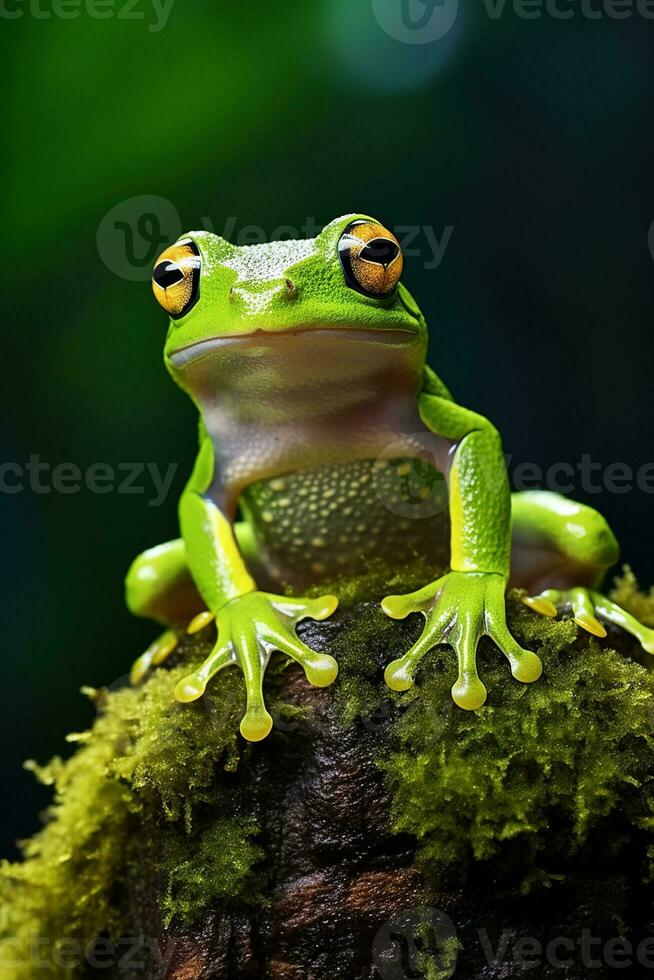 AI generated Green tree frog sitting on moss in the rainforest. Wildlife scene from nature. photo