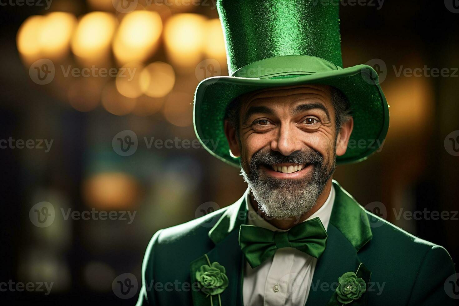 AI generated Portrait of a happy leprechaun with clover leaves. St. Patrick's Day. photo